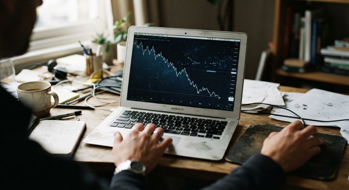 A laptop screen showing a line graph trending downward