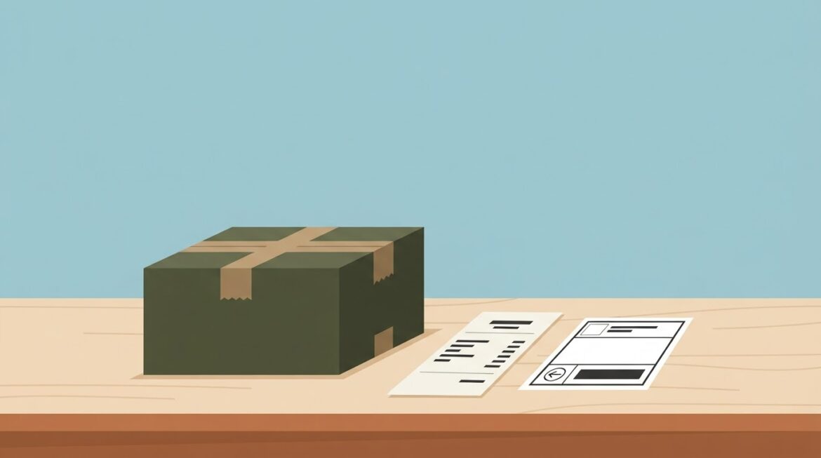 A product box with a receipt and return label on a table