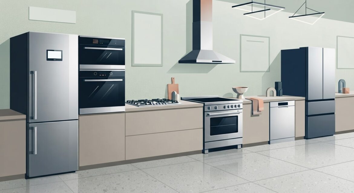 A row of kitchen appliances in a showroom