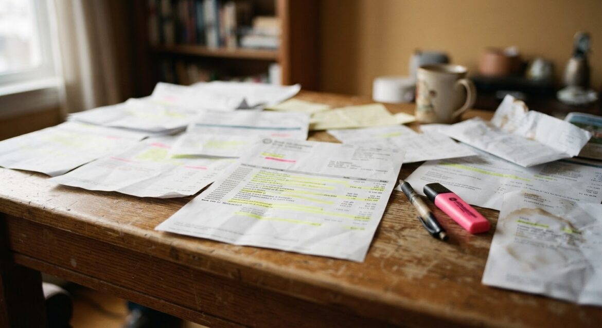 Printed bank statements with highlighter marks on a desk