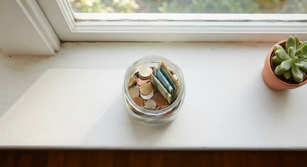 A small glass jar with coins and folded bills on a windowsill