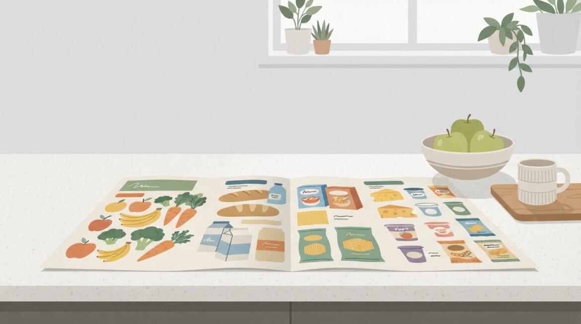 A grocery store weekly flyer spread open on a kitchen counter