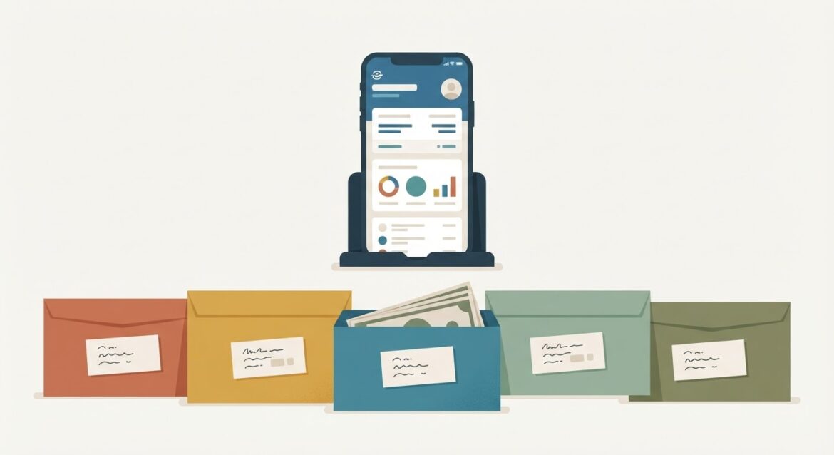 Labeled budget envelopes next to a smartphone banking app screen