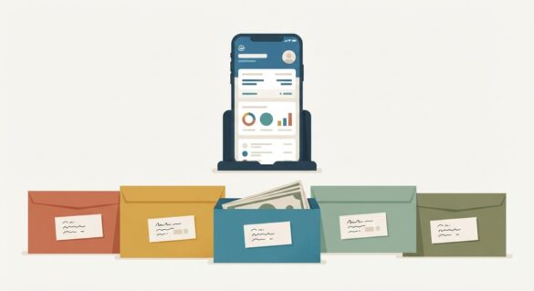 Labeled budget envelopes next to a smartphone banking app screen