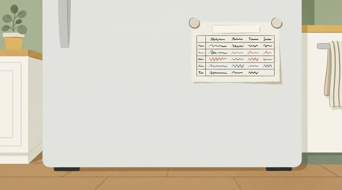 A weekly meal planning chart pinned to a refrigerator