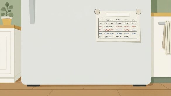 A weekly meal planning chart pinned to a refrigerator