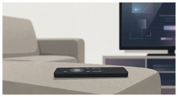 A remote control resting on a couch beside a TV screen
