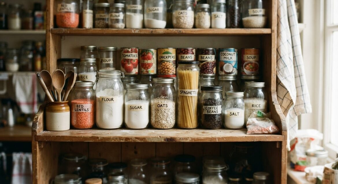 An organized pantry shelf with labeled jars and canned goods