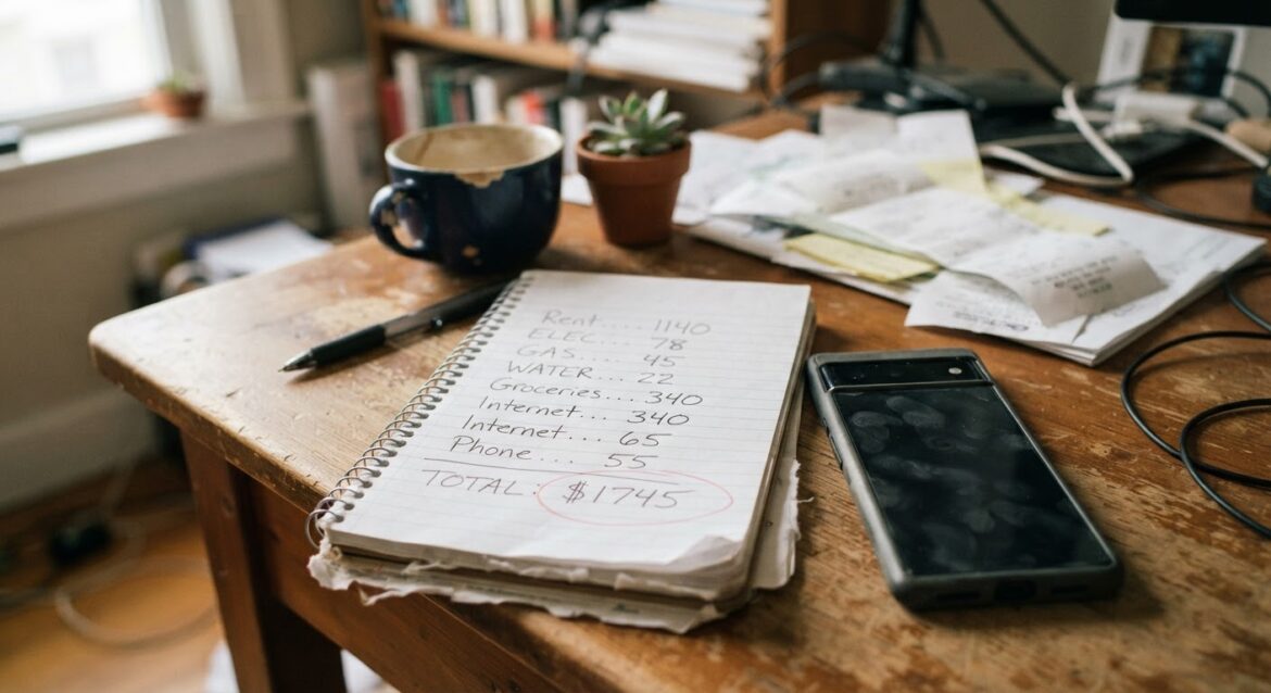 A phone and a notepad with a jotted bill amount on a desk