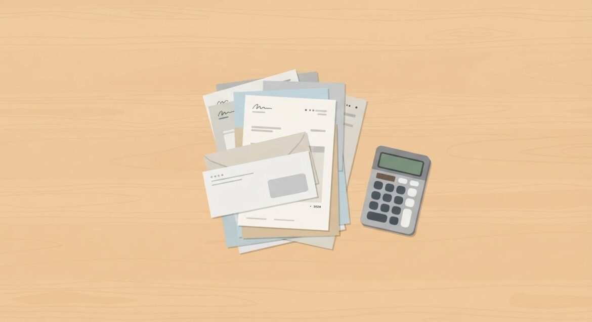 A stack of household bills and a calculator on a kitchen table