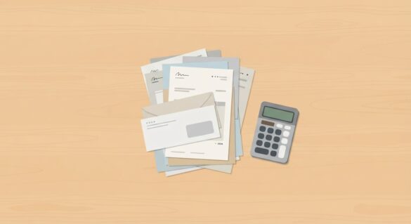 A stack of household bills and a calculator on a kitchen table