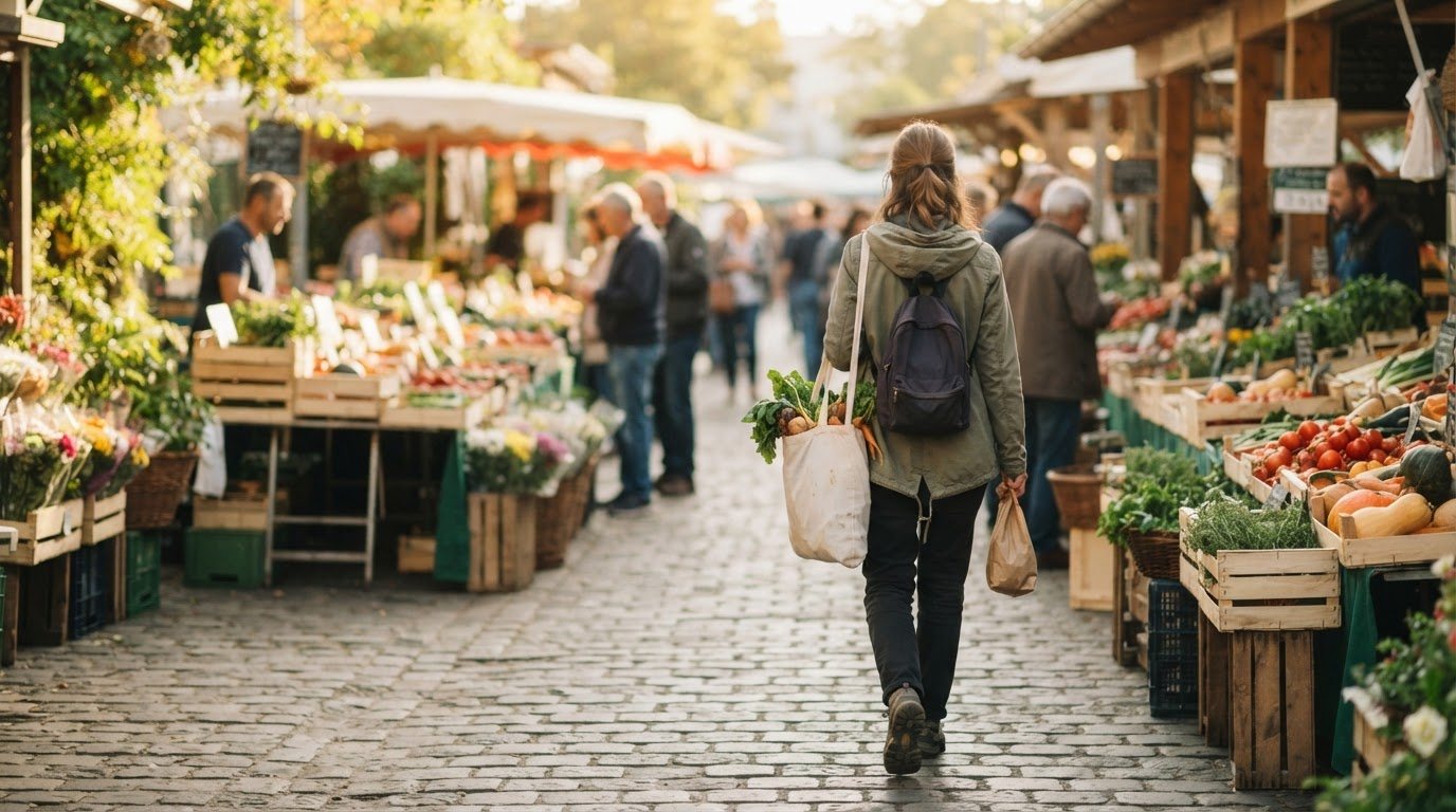 A shopper with a daypack and a tote of vegetables walking through a farmers market