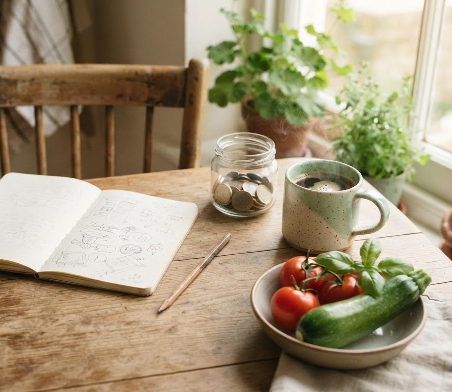A notebook, a pencil, a jar of coins and a mug of coffee on a kitchen table